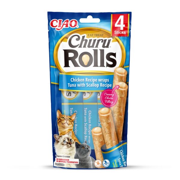 Inaba Churu Rolls Λιχουδιές Σνακ με Κοτόπουλο με Κοτόπουλο, Τόνο & Χτένια για Ενήλικες Γάτες 1τμχ 40gr