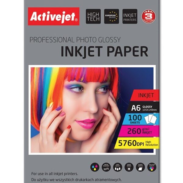 Active Jet Premium Photo Glossy Φωτογραφικό Χαρτί A6 (10x15) 260gr/m² για Εκτυπωτές Inkjet 100 Φύλλα