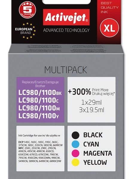 Active Jet Συμβατό Μελάνι Εκτυπωτή InkJet Brother LC980BK/C/M/Y LC1100BK/C/M/Y Πολλαπλό (Color) / Μαύρο