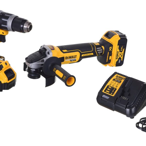 Dewalt Σετ Γωνιακός Τροχός & Κρουστικό Δραπανοκατσάβιδο 18V με 2 Μπαταρίες 5Ah και Θήκη