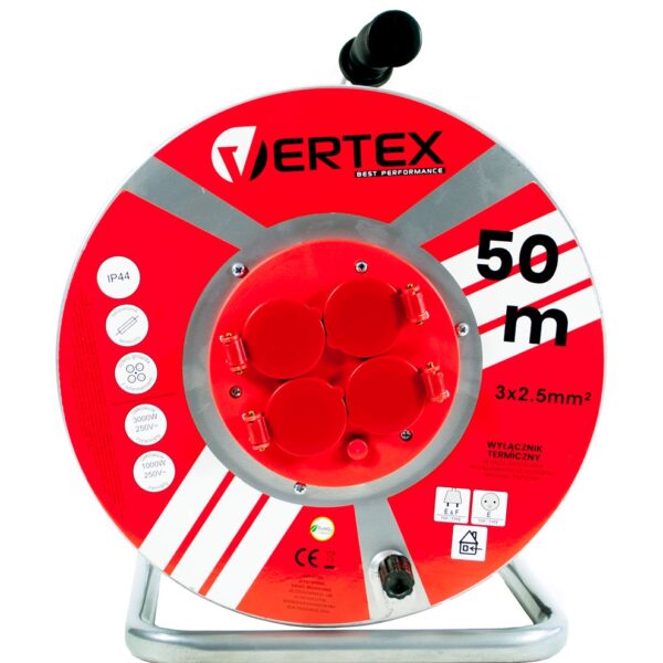 Vertex Vertex Μπαλαντέζα Καρούλι 4 Θέσεων με Καλώδιο 50m Διατομής 3x2.5mm² Στεγανή Κόκκινη