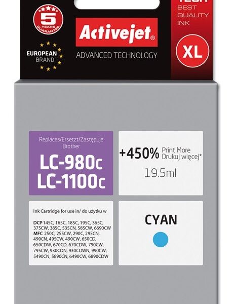 Active Jet Συμβατό Μελάνι Εκτυπωτή InkJet Brother LC-1100C/LC-980C 19ml Κυανό