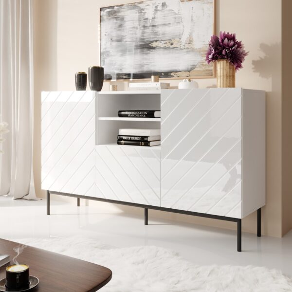 ABETO chest of drawers on black steel frame 150x42x90 white/gloss white