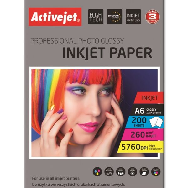 Active Jet Premium Photo Glossy Φωτογραφικό Χαρτί A6 (10x15) 260gr/m² για Εκτυπωτές Inkjet 200 Φύλλα