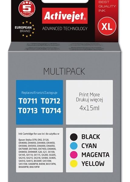 Active Jet Πακέτο Συμβατών Μελανιών Εκτυπωτή InkJet Epson T0714/T0713/T0712/T0711/T0715 15ml Πολλαπλό (Color) / Μαύρο