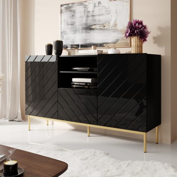 ABETO chest of drawers on golden steel frame 150x42x90 black/black gloss