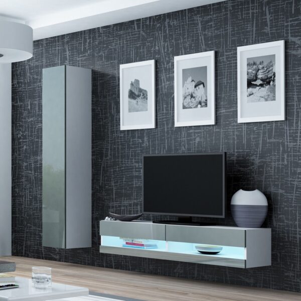 Ξύλινο Έπιπλο Τηλεόρασης Vigo New με Φωτισμό LED White / Grey Gloss Μ140xΠ30xΥ40cm