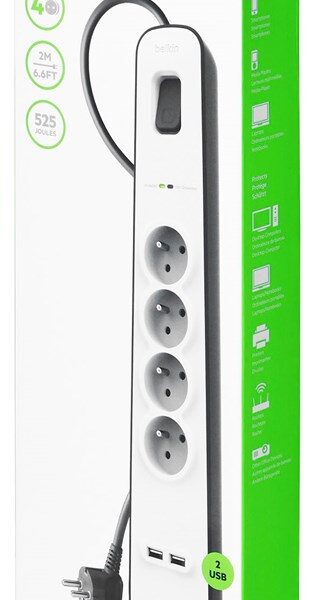 Belkin Πολύπριζο Ασφαλείας 4 Θέσεων με 2 USB-A και Καλώδιο 2m