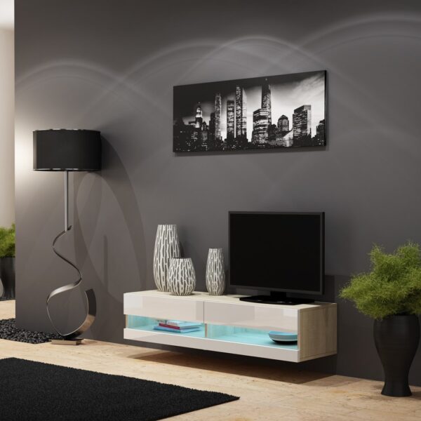Ξύλινο Έπιπλο Τηλεόρασης Vigo New με Φωτισμό LED Sonoma / White Gloss Μ140xΠ30xΥ40cm