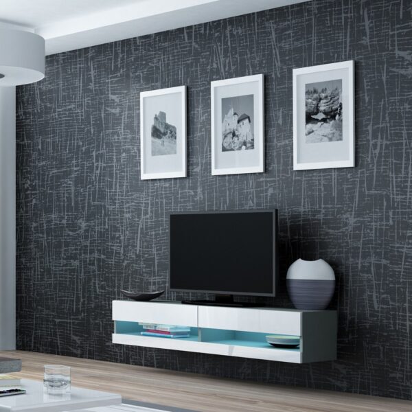 Ξύλινο Έπιπλο Τηλεόρασης Vigo New με Φωτισμό LED Grey / White Gloss Μ140xΠ30xΥ40cm