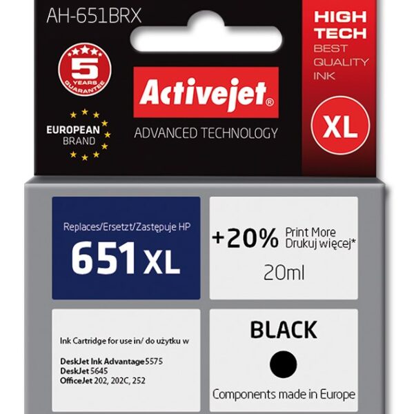 Active Jet Συμβατό Μελάνι Εκτυπωτή InkJet HP 651XL C2P10AE 720 Σελίδων 20ml Μαύρο