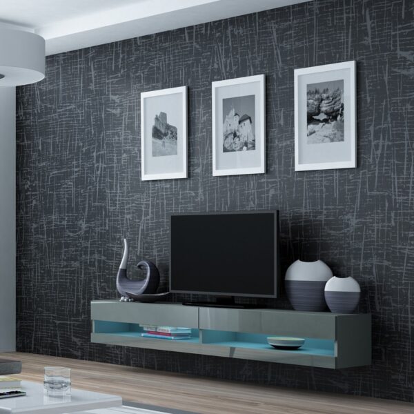 Ξύλινο Έπιπλο Τηλεόρασης Vigo New με Φωτισμό LED Grey / Grey Gloss Μ180xΠ30xΥ40cm