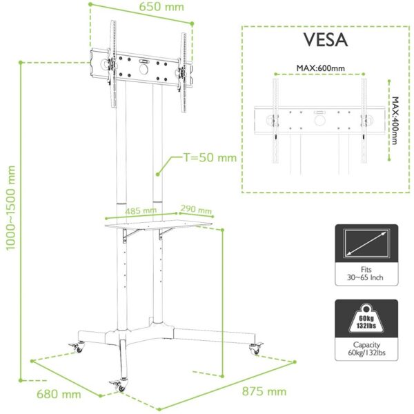 Techly ICA-TR6 Βάση Τηλεόρασης Δαπέδου έως 65" και 60kg