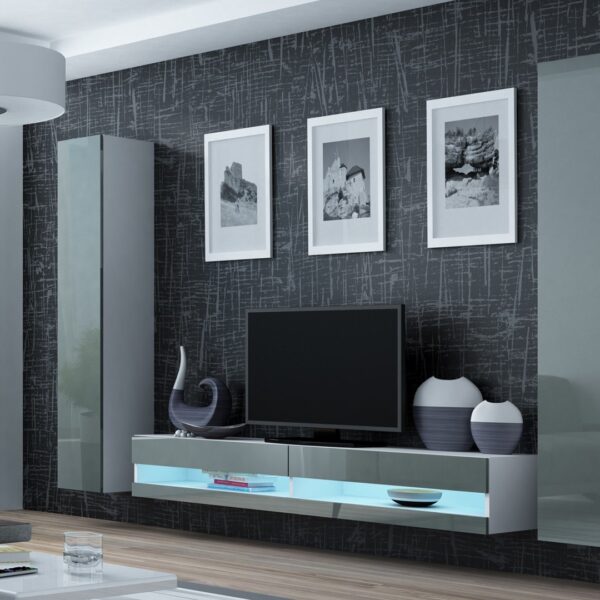 Ξύλινο Έπιπλο Τηλεόρασης Vigo New με Φωτισμό LED White / Grey Gloss Μ180xΠ30xΥ40cm