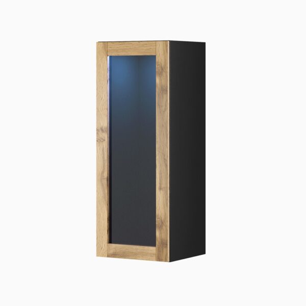 Vigo Κρεμαστή Βιτρίνα Σαλονιού από Μοριοσανίδα με Τζάμι Black / Wotan Oak 35x32x90cm