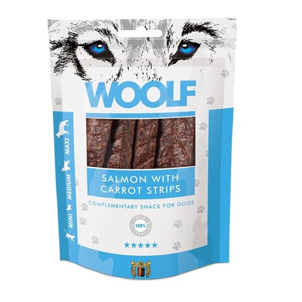 Woolf Snacks Salmon Carrot Strips Λιχουδιά Σκύλου χωρίς Σιτηρά & Γλουτένη με Καρότο 100gr