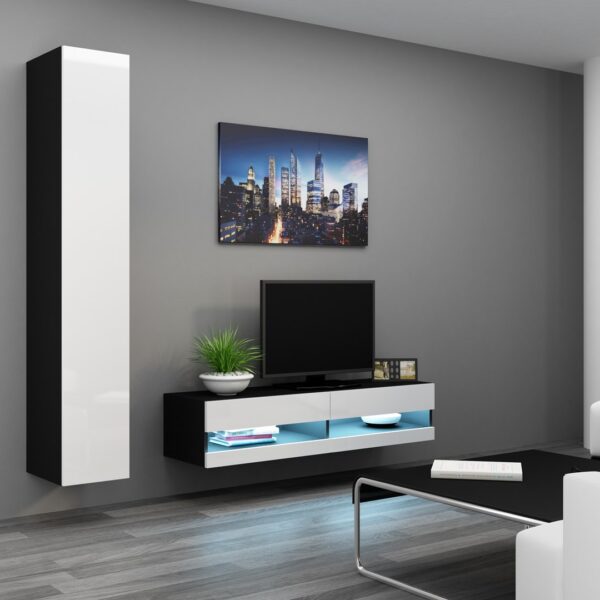Ξύλινο Έπιπλο Τηλεόρασης Vigo New με Φωτισμό LED Black / White Gloss Μ140xΠ30xΥ40cm
