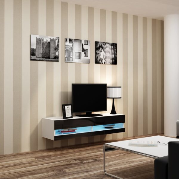 Ξύλινο Έπιπλο Τηλεόρασης Vigo New με Φωτισμό LED White / Black Gloss Μ140xΠ30xΥ40cm