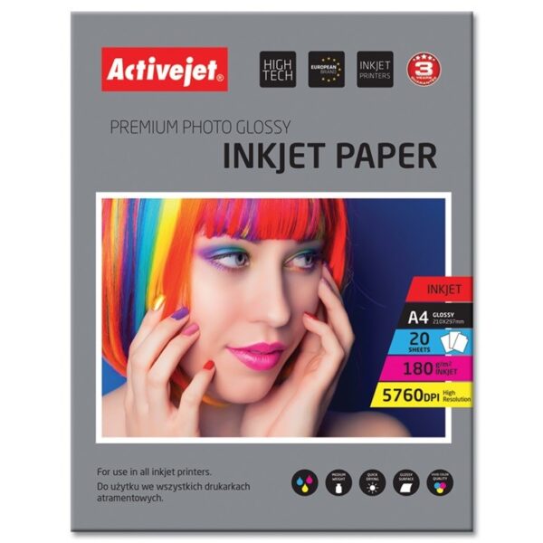 Active Jet Premium Photo Glossy Φωτογραφικό Χαρτί A4 (21x30) 180gr/m² για Εκτυπωτές Inkjet 20 Φύλλα