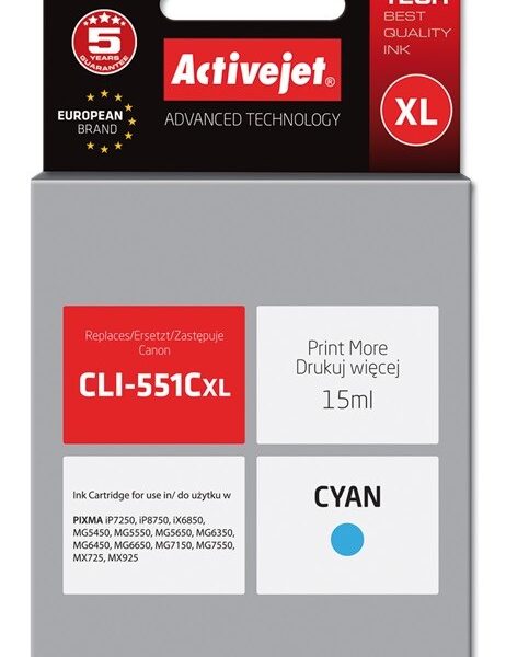 Active Jet Συμβατό Μελάνι Εκτυπωτή InkJet Canon CLI-551CXL 15ml Κυανό
