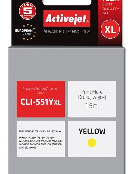 Active Jet Συμβατό Μελάνι Εκτυπωτή InkJet Canon CLI-551YXL 15ml Κίτρινο