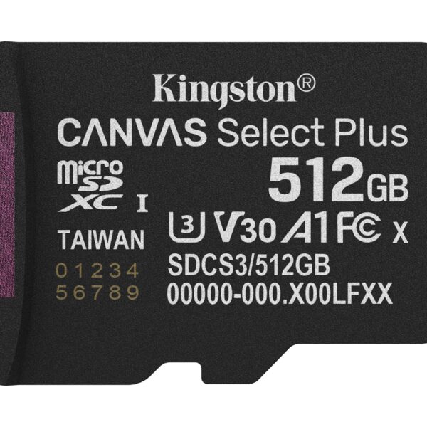 Kingston Technology 512GB micSDXC Canvas Select Plus Gen3 150R A1 Single Pack w/o ADP