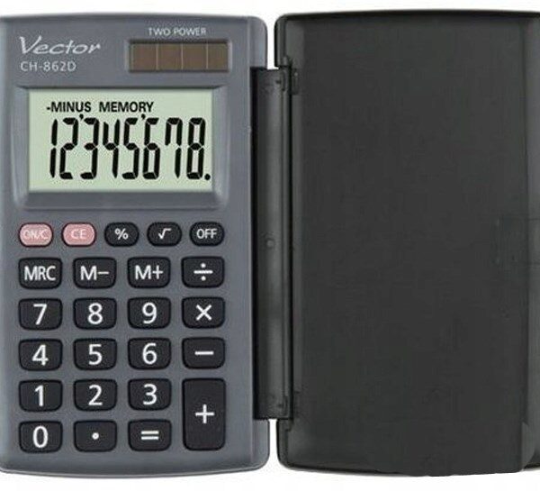 Vector KAV CH-862D pocket calculator with cover, grey